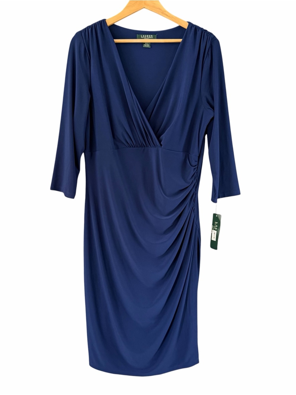 Lauren Ralph Lauren Womens Faux Wrap Midi Dress Size 14W Navy 3/4 Sleeve Ruched